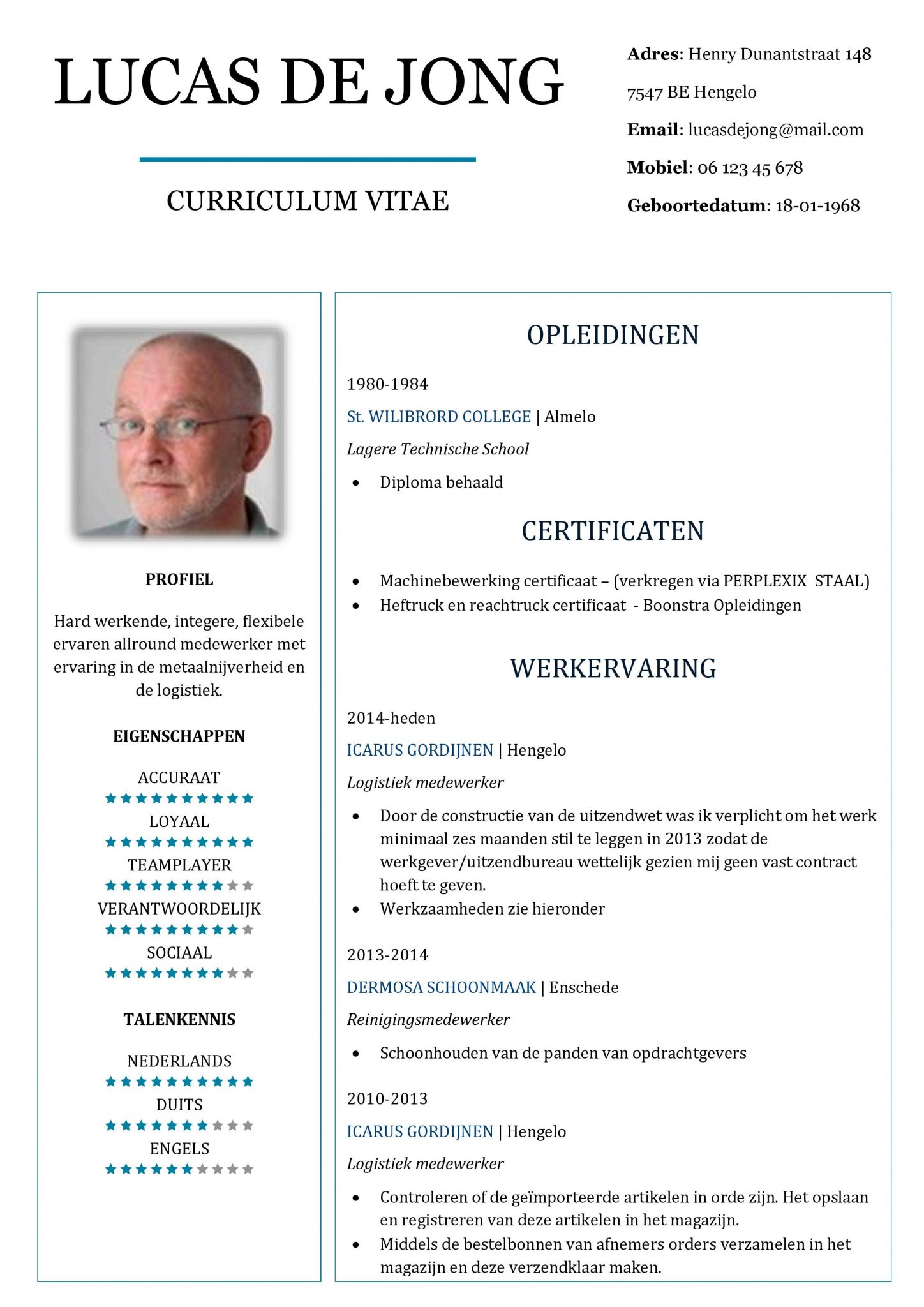 regio Vrijlating een experiment doen CV Voorbeeld Chesterfield - De Beste Gratis CV Sjabloon van Nederland!