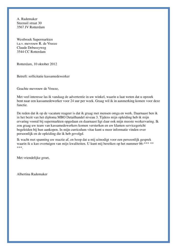 sollicitatiebrief voorbeeld van kassamedewerker of caissière, uitgelicht afbeelding