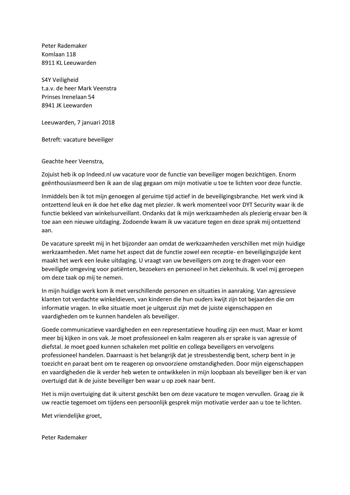 Sollicitatiebrief Beveiliger Beveiligingsmedewerker