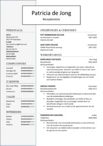 CV Sjabloon Birmingham 1-1 , cv voorbeeld receptioniste, receptiemedewerker, telefoniste