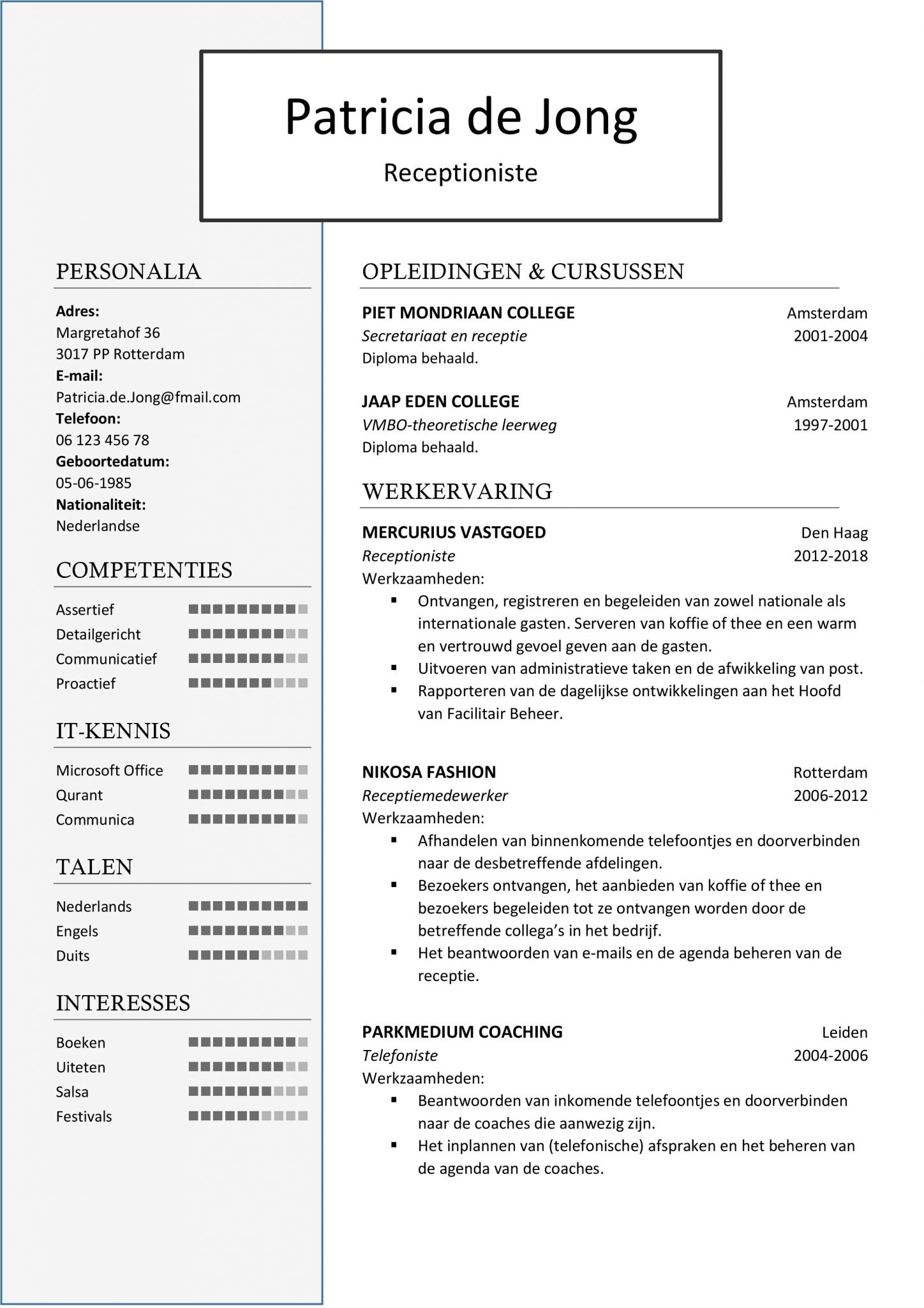 Cv Sjabloon Birmingham Top Cv Template Inhoud Receptie Telefoniste