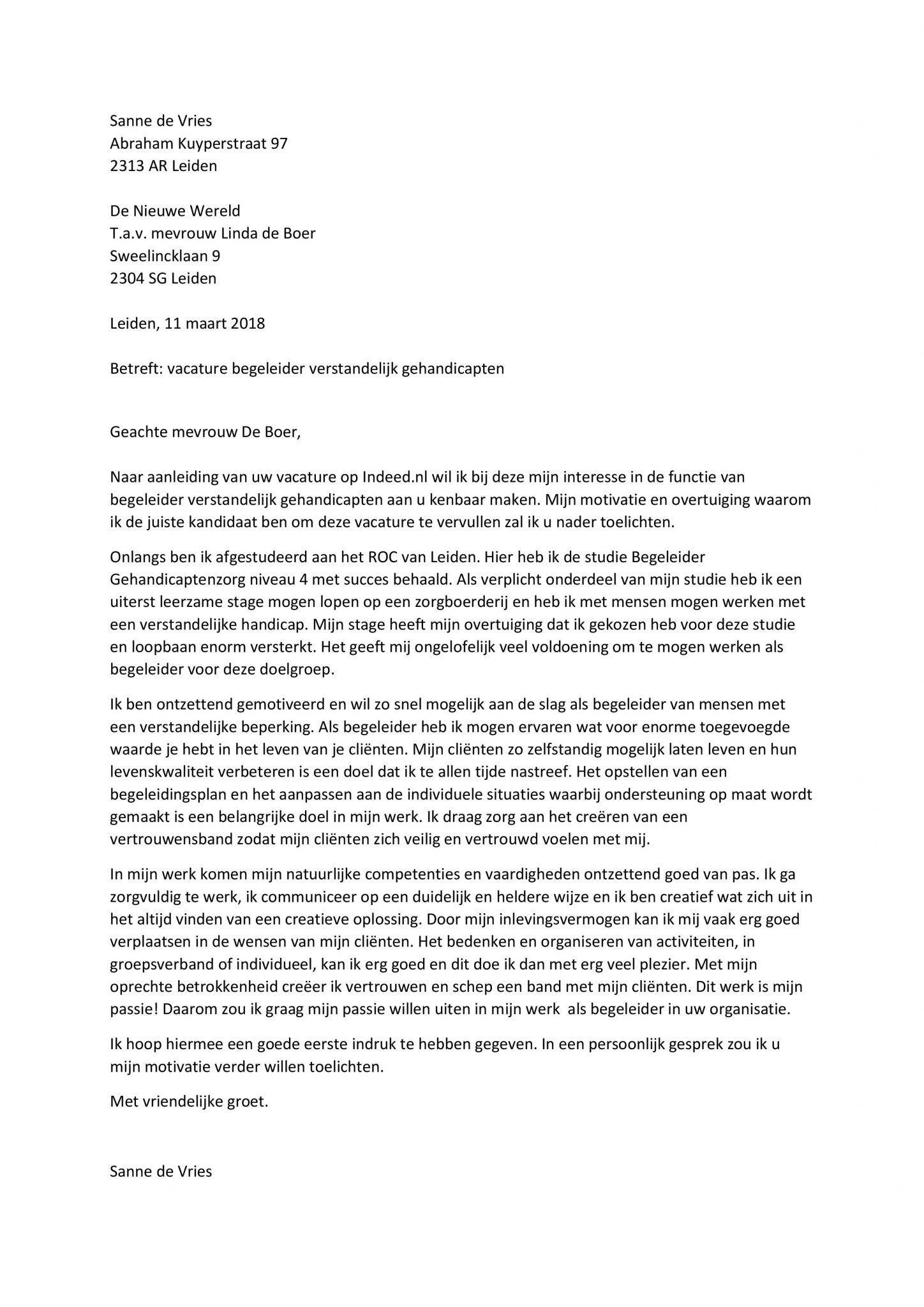 Sollicitatiebrief Begeleider Verstandelijk Gehandicapten Sollicitatiebijbel Nl