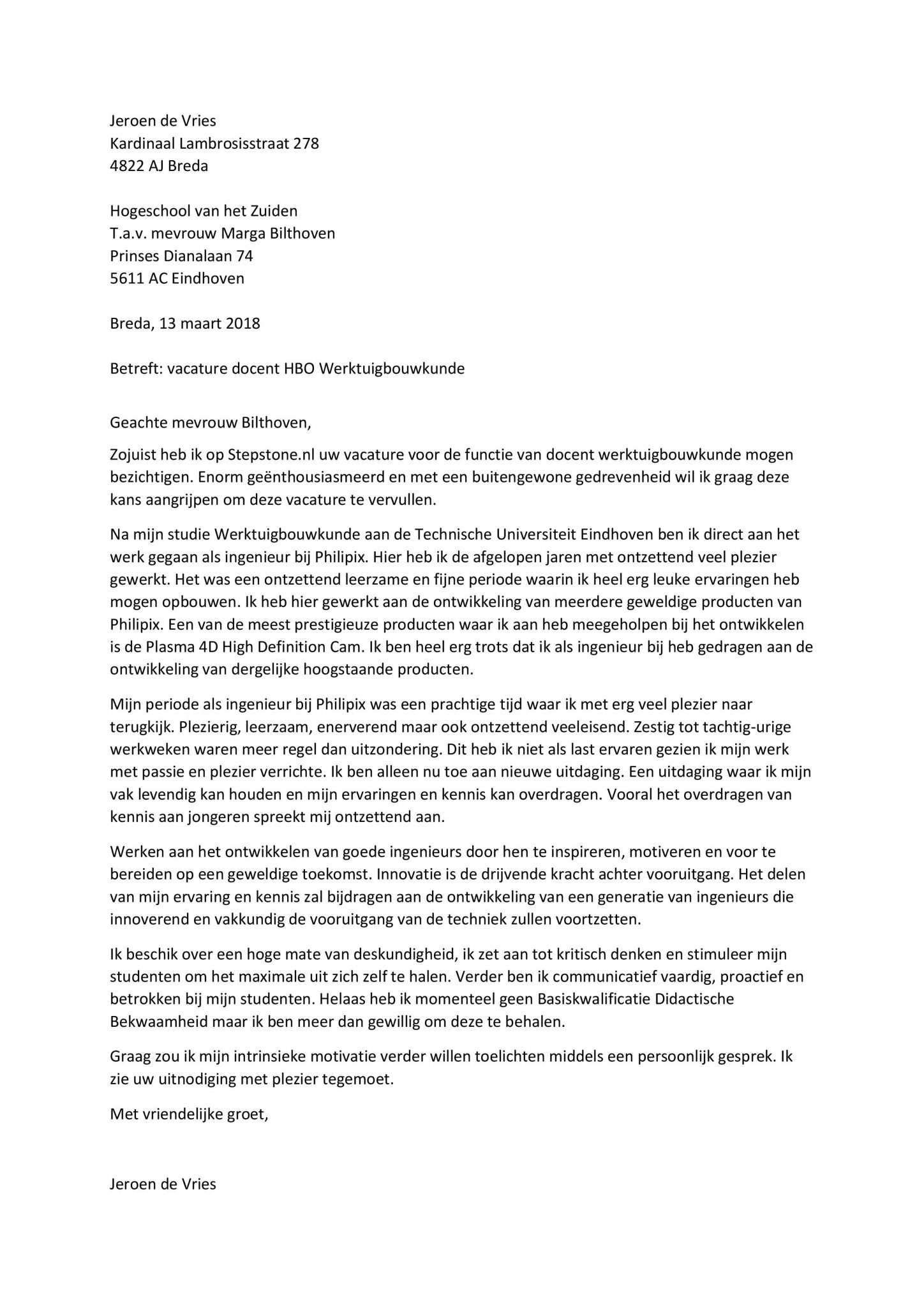 Sollicitatiebrief Docent Hbo Werktuigbouwkunde Onderwijs Motivatiebrief