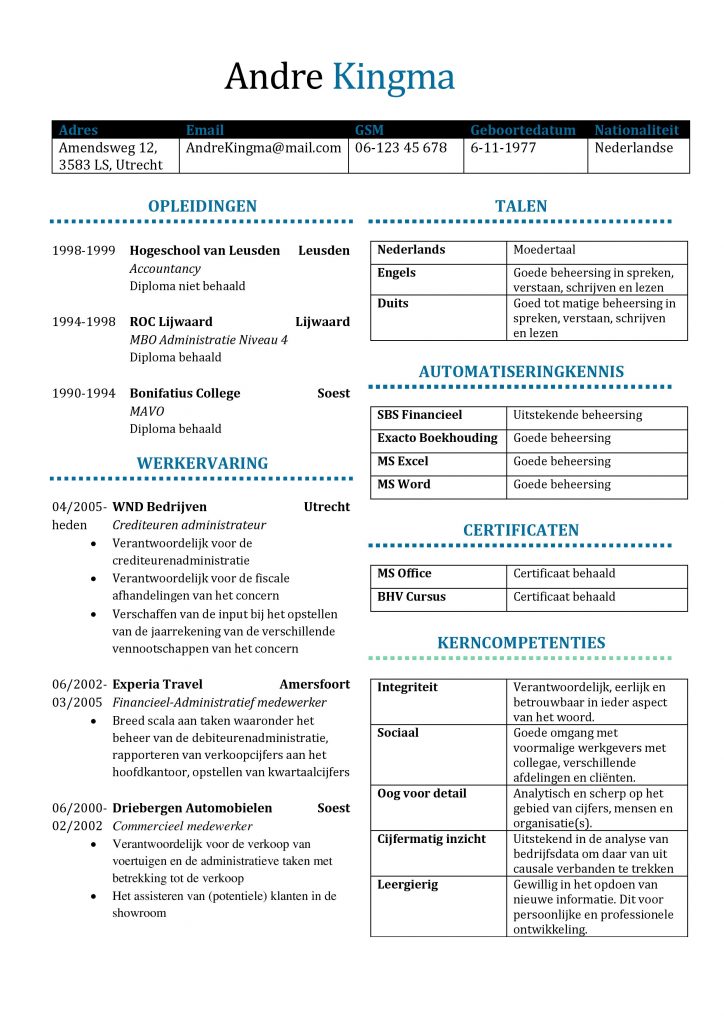 CV Voorbeeld Preston (Blue Sky) - Administratieve medewerker curriculum vitae