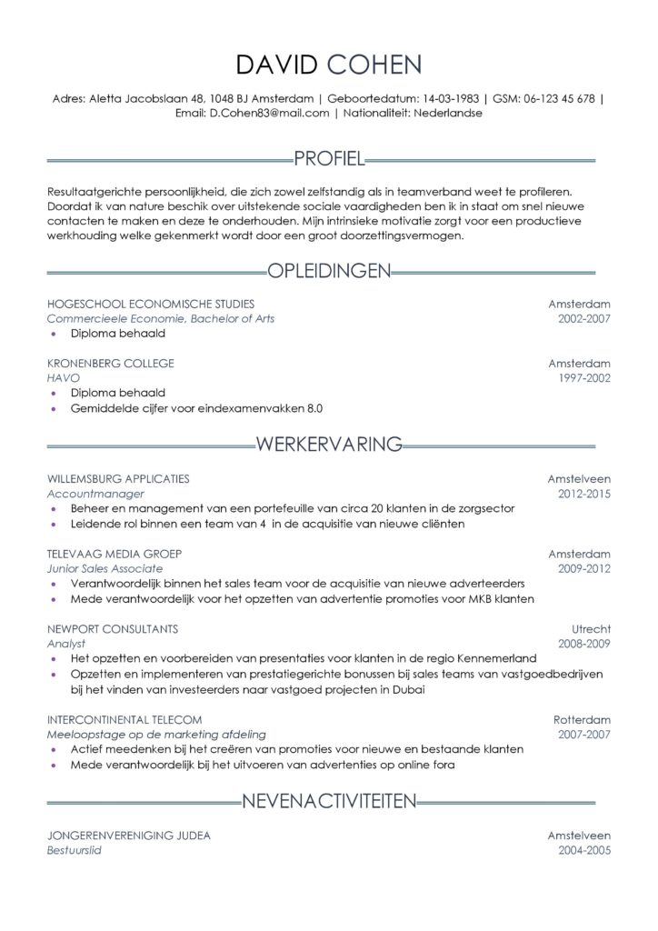 CV Voorbeeld Sheffield Blue Ocean 1/2, gratis cv sjabloon