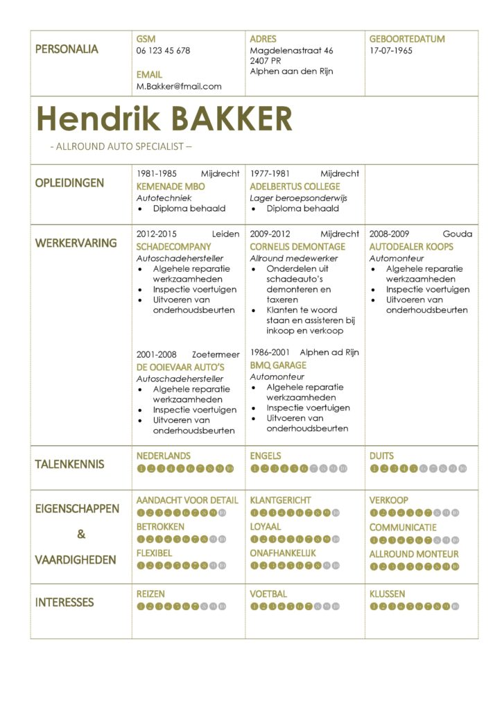 CV Voorbeeld Coventry (Olive Green), originele cv, ideale starters cv, gratis curriculum vitae