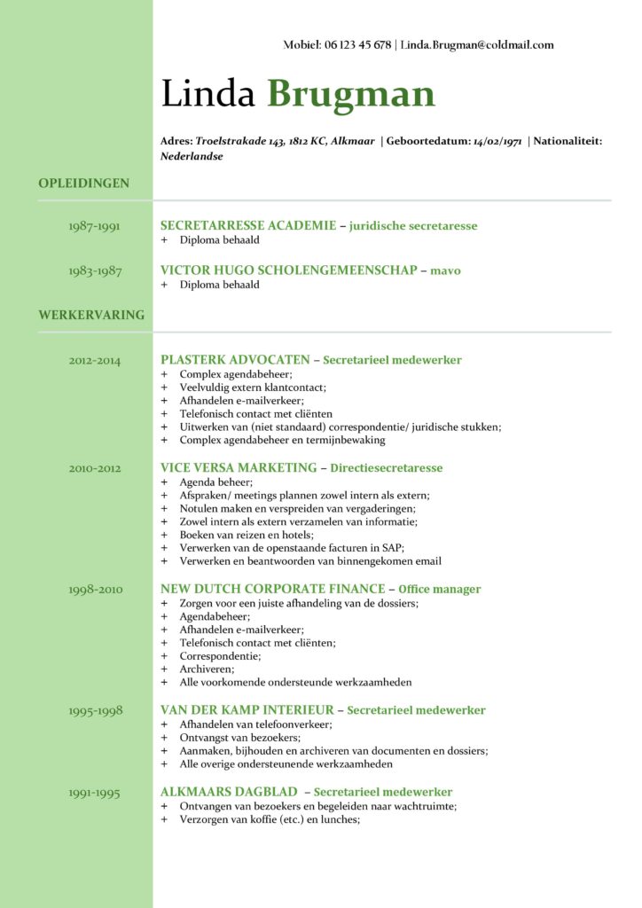CV Voorbeeld Newport (Mean Green) 1/2, Voorbeeld cv gratis download, office cv, microsoft office cv sjabloon