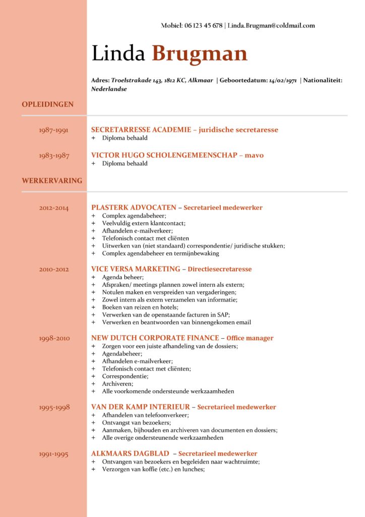 CV Voorbeeld Newport (Red Rose) 1/2, gratis voorbeeld cv, cv secretaresse, cv administratie, cv verkoopster