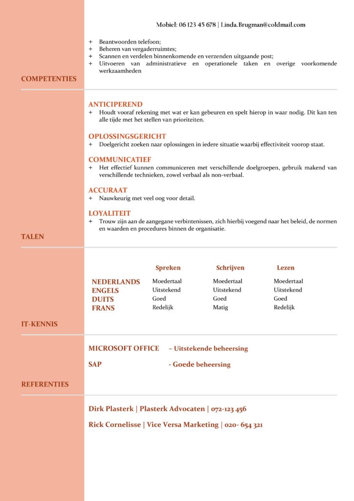 CV Voorbeeld Newport (Red Rose) 2/2, gratis voorbeeld cv, cv secretaresse, cv administratie, cv verkoopster