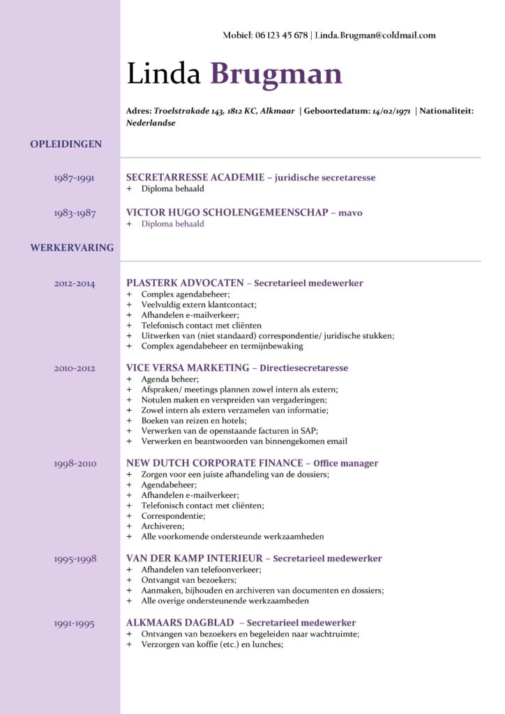 CV Voorbeeld Newport (Violet Blue) 1/2, gratis voorbeeld curriculum vitae, cv voor verkoopster, administratief personeel, secretaresse en meer, elegante cv