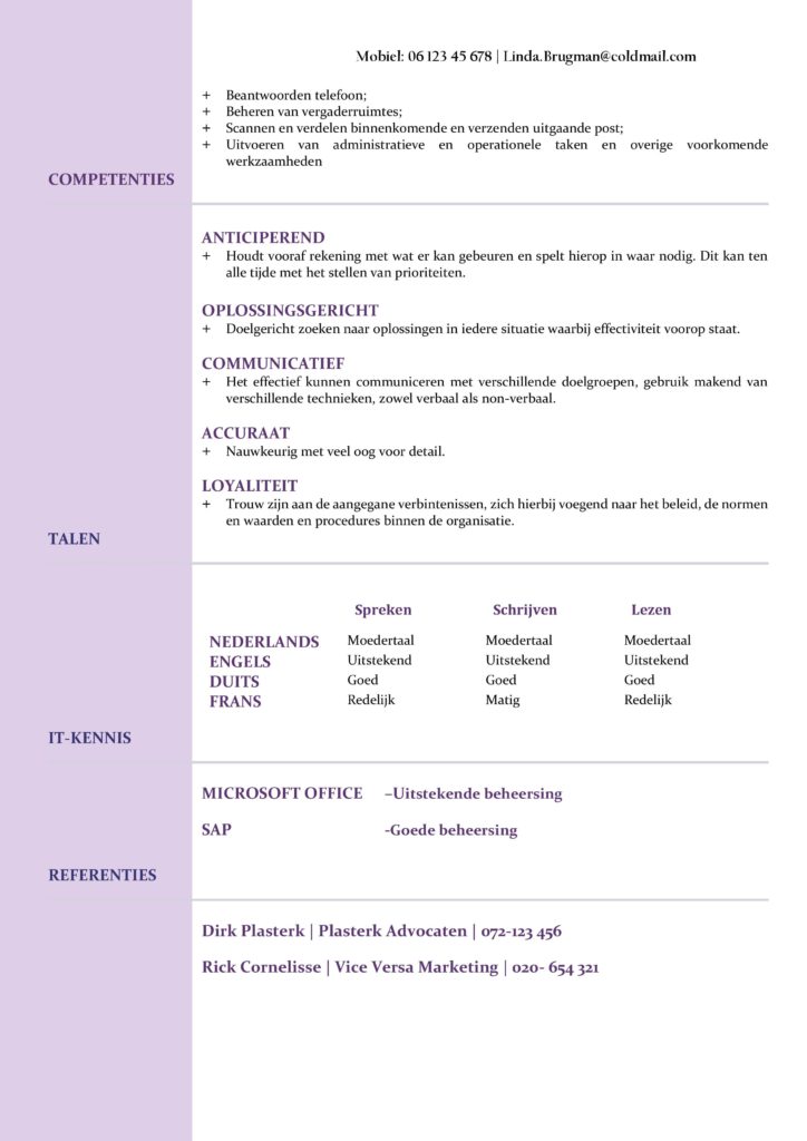 CV Voorbeeld Newport (Violet Blue) 1/2, gratis voorbeeld curriculum vitae, cv voor verkoopster, administratief personeel, secretaresse en meer, elegante cv