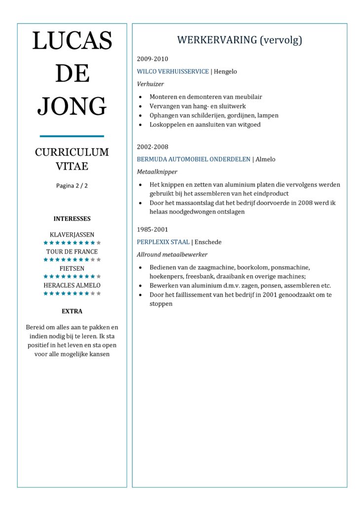 CV Voorbeeld Chesterfield (Blue Light) 2/2, originele cv maken voor sollicitatie, pagina 2