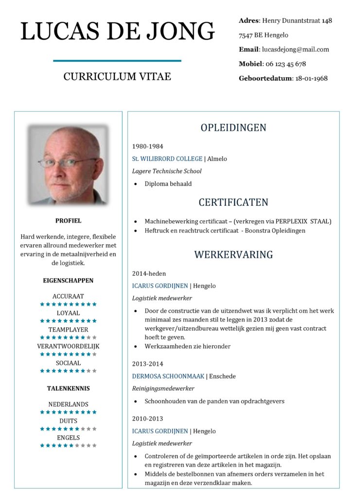 CV Voorbeeld Chesterfield (Blue Light) 1/2, originele cv maken voor sollicitatie, pagina 1