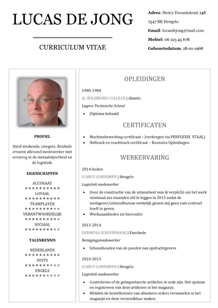 CV Voorbeeld Chesterfield (Gray Goose) 1/2, een cv maken voor sollicitatie, pagina 1