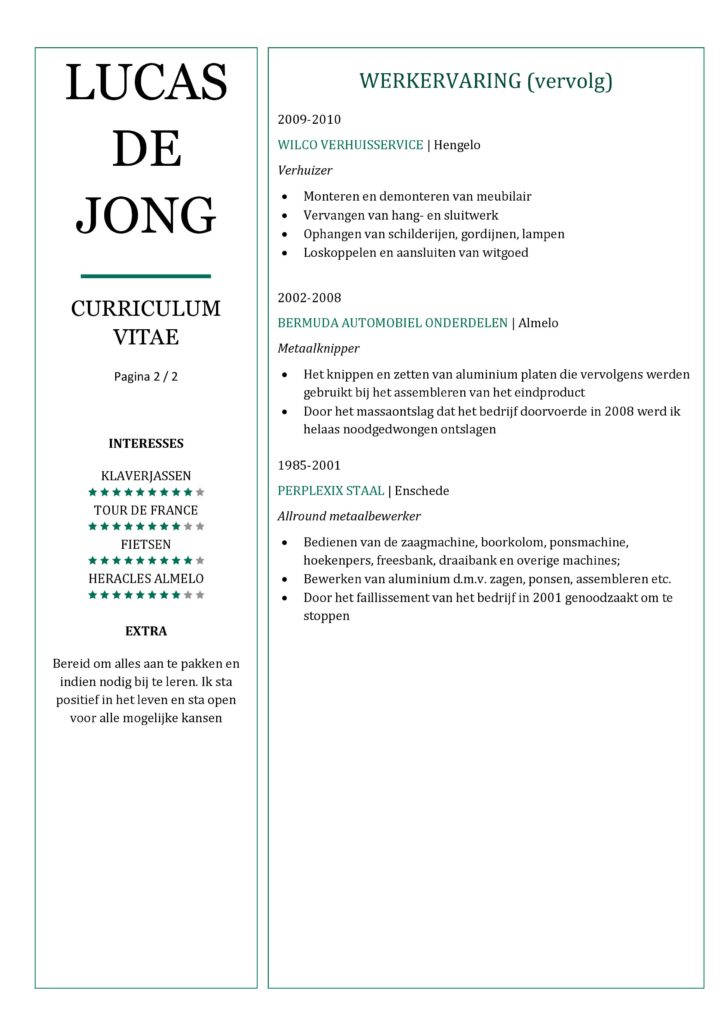 CV Voorbeeld Chesterfield (Green Olive) 2/2, unieke cv maken, pagina 2