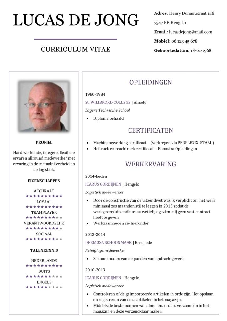 CV Voorbeeld Chesterfield (Purple Rain 1/2, curriculum vitae voorbeeld downloaden, pagina 1