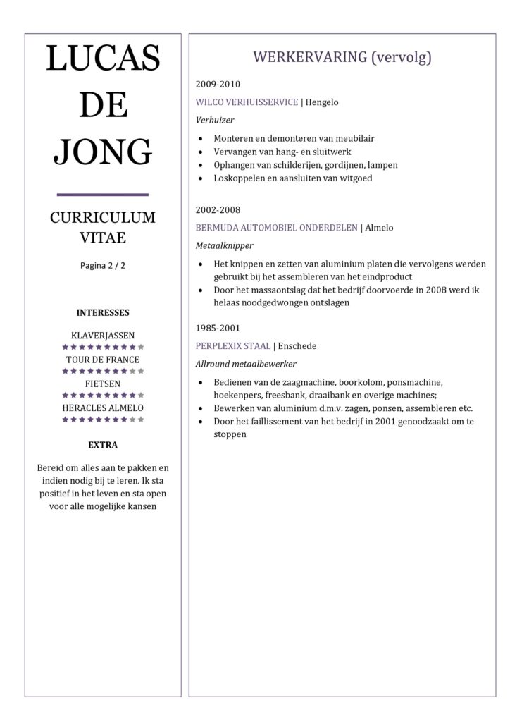 CV Voorbeeld Chesterfield (Purple Rain 2/2, curriculum vitae voorbeeld downloaden, pagina 2