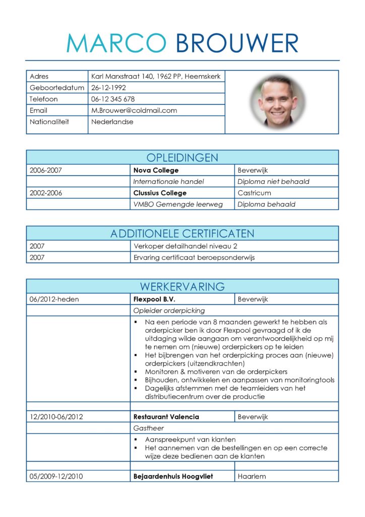 CV Voorbeeld Leicester (Inter Blue) 1/2, cv horeca, cv magazijnkracht, cv orderpicker, gratis voorbeeld cv