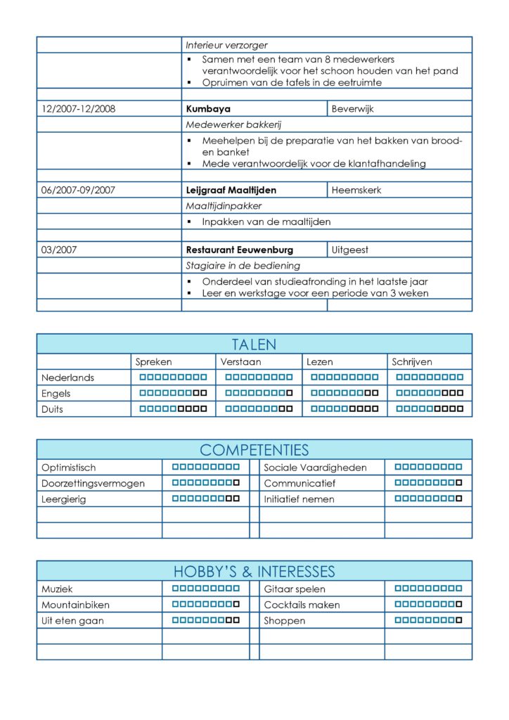 CV Voorbeeld Leicester (Inter Blue) 2/2, cv horeca, cv magazijnkracht, cv orderpicker, gratis voorbeeld cv