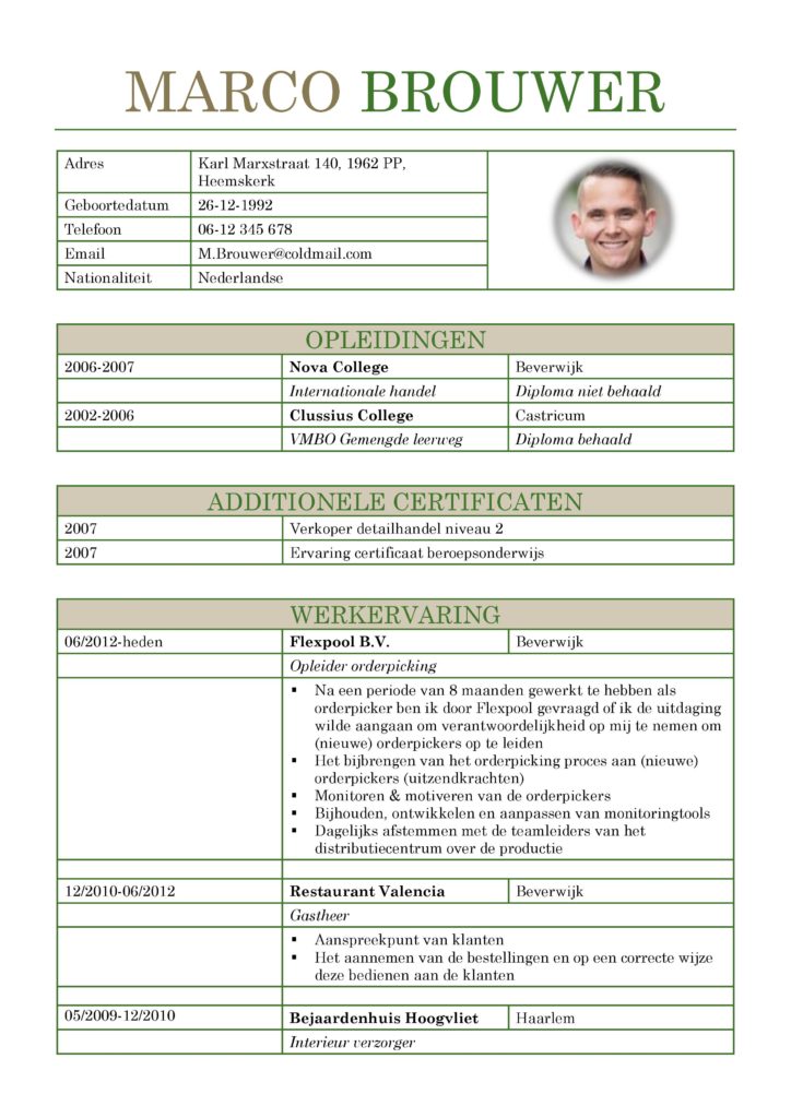 CV Voorbeeld Leicester (Gentle Green) 1/2, gratis curriculum vitae, horeca, logistiek of andere branches, voorbeeld curriculum vitae