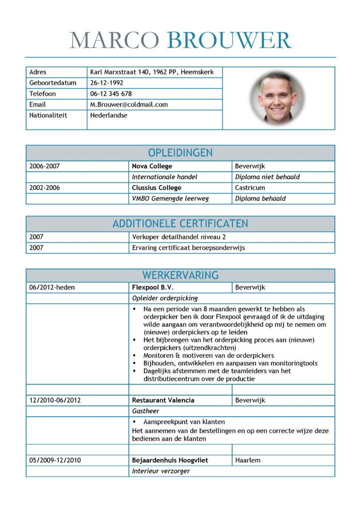 CV Voorbeeld Leicester (Blue Dolphin) 1/2, gratis unieke curriculum vitae, goede cv voorbeeld