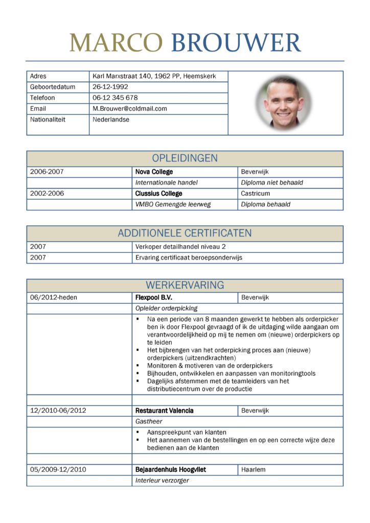 CV Voorbeeld Leicester (Benetton Days) 1/2, originele curriculum vitae, voorbeeld cv