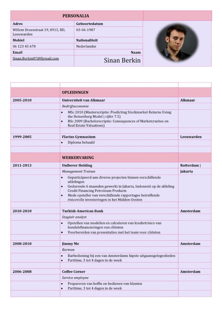 CV Voorbeeld Carlyle (Purple Rain) 1/2, curriculum vitae