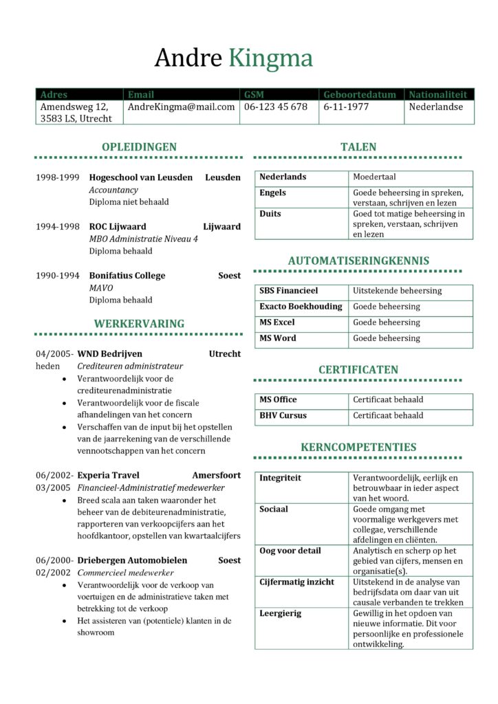 Voorbeeld CV Preston (Tree Leave), cv maken met gratis curriculum vitae sjabloon