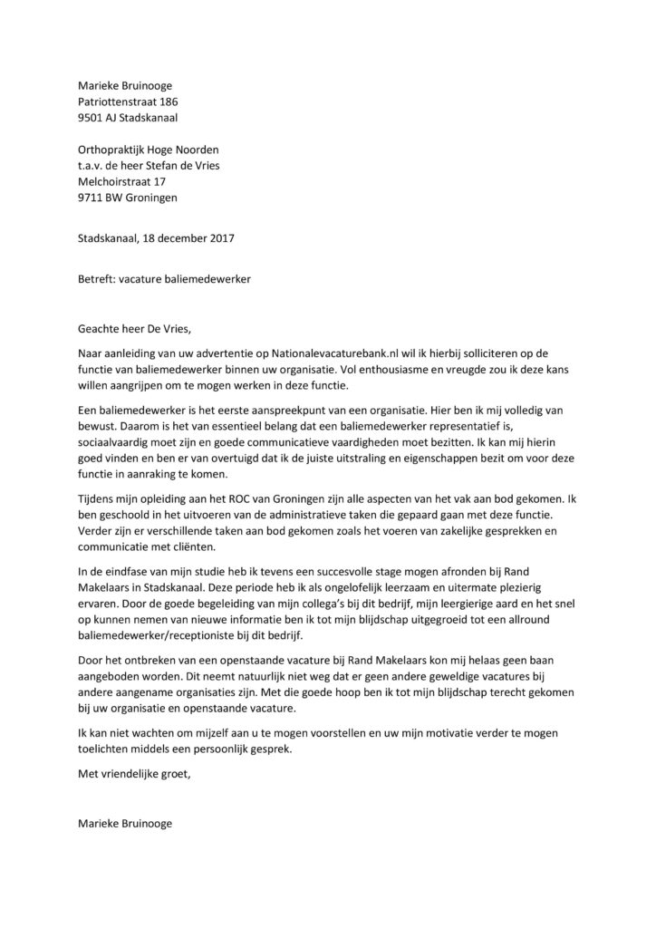 Sollicitatiebrief Baliemedewerker