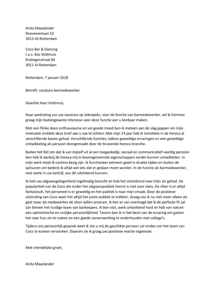 Sollicitatiebrief Barmedewerker