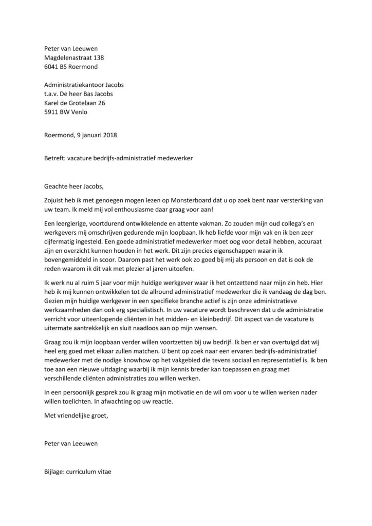 Sollicitatiebrief Bedrijfsadministratief Medewerker