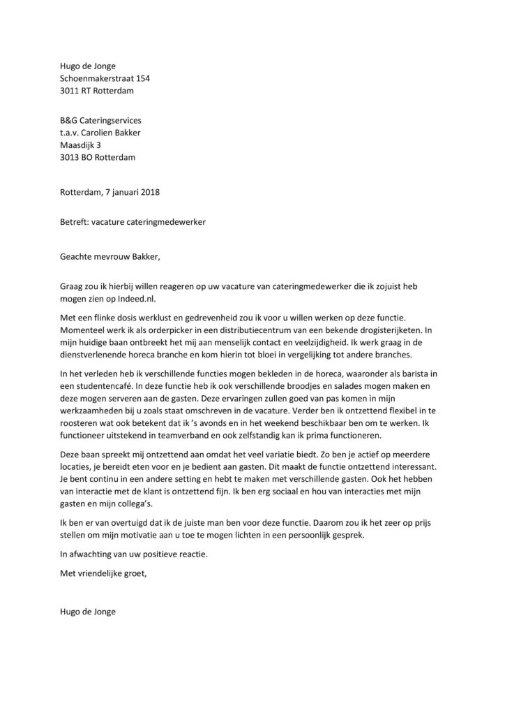 Sollicitatiebrief Cateringmedewerker, Cateraar