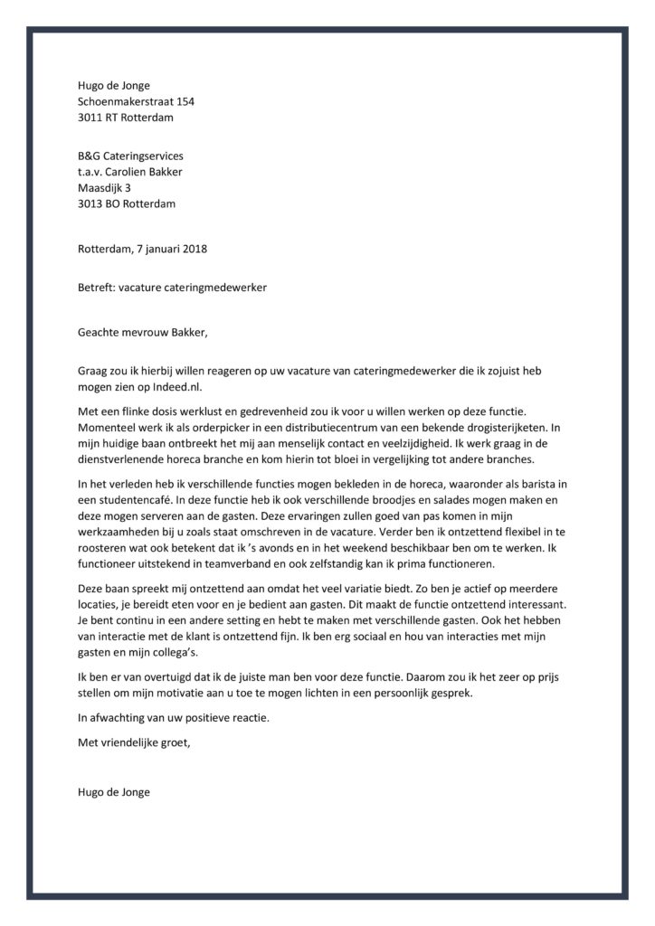 Sollicitatiebrief Cateringmedewerker, Cateraar (thumbnail)