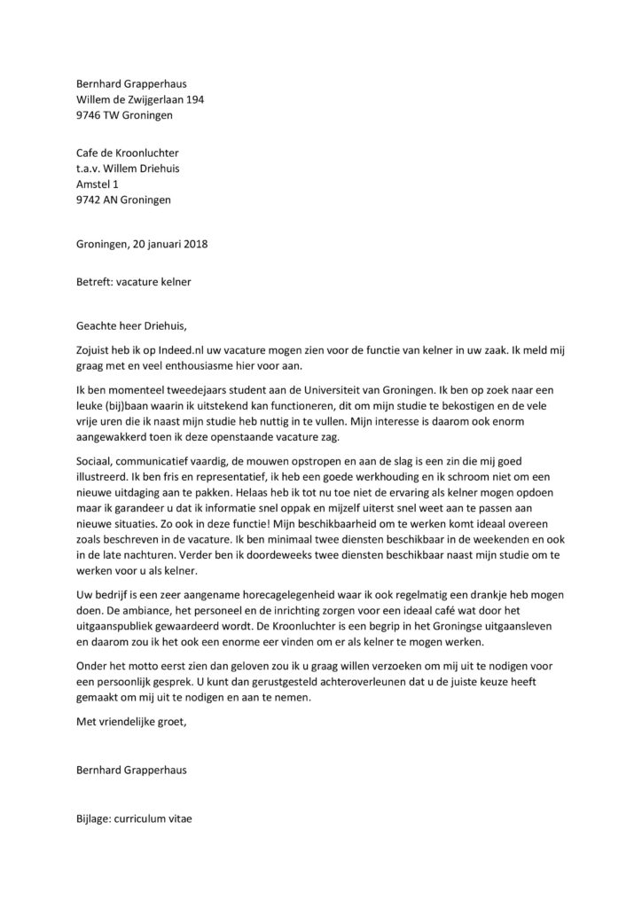 Sollicitatiebrief Kelner - Horeca