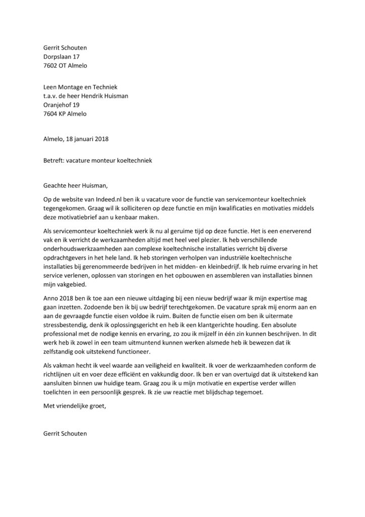 Sollicitatiebrief Monteur Koeltechniek (ervaren)