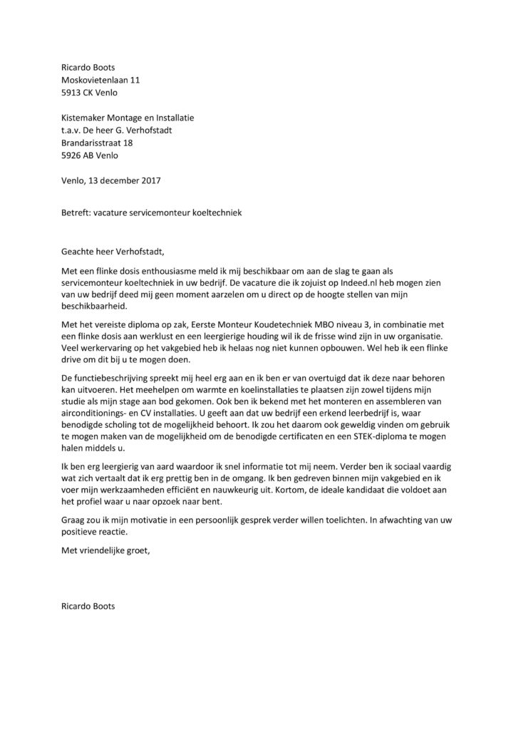 Sollicitatiebrief Koeltechnieker (junior), koelmonteur