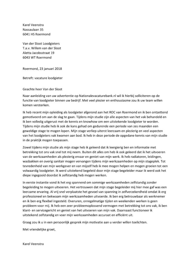 Sollicitatiebrief Loodgieter