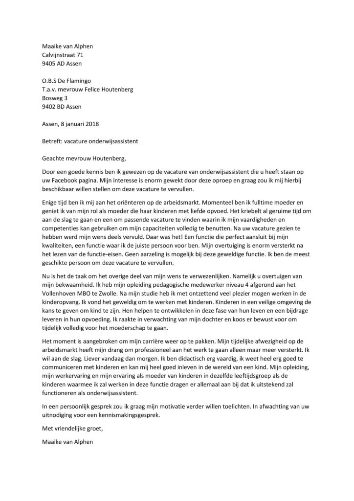 Sollicitatiebrief Onderwijsassistent (herintreder), Motivatiebrief herintredende moeder