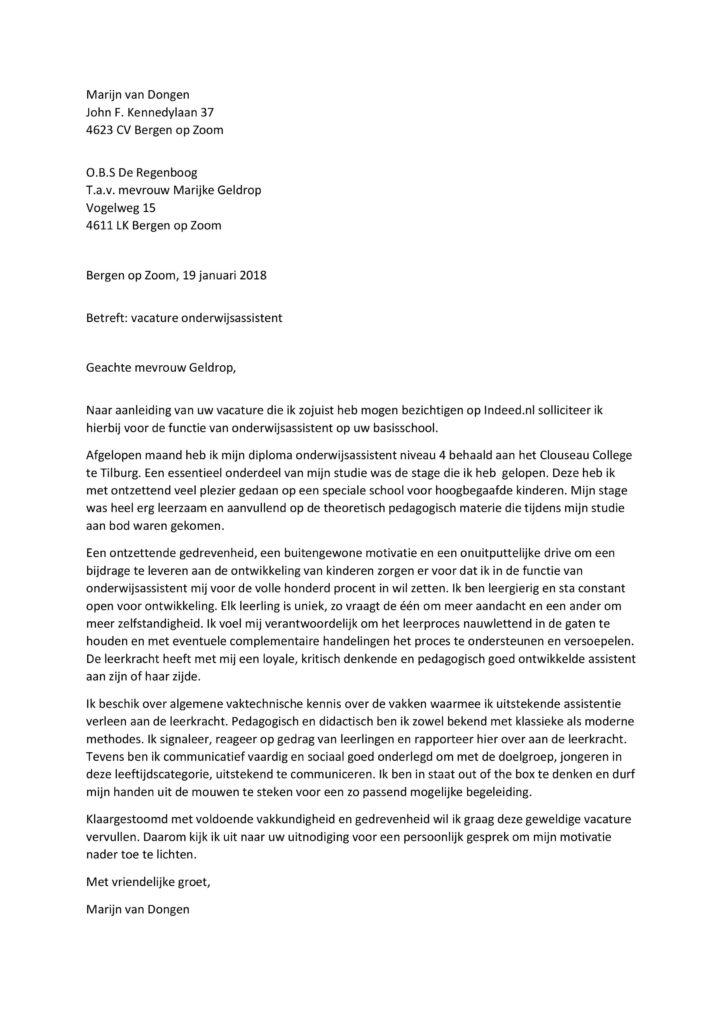 Sollicitatiebrief Onderwijsassistent (starter)