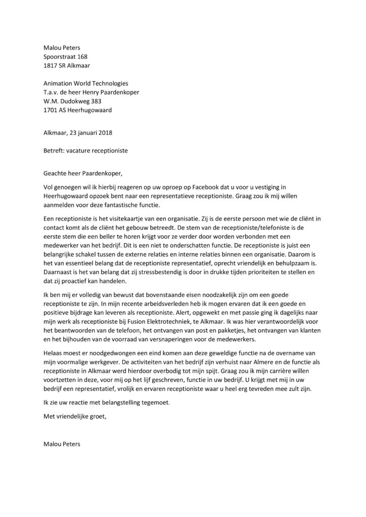 Sollicitatiebrief Receptioniste