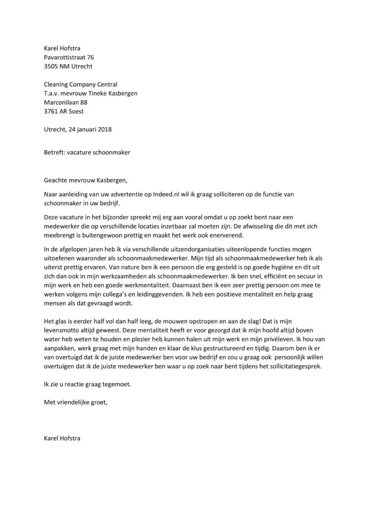 Sollicitatiebrief Schoonmaker, Motivatiebrief Schoonmaak sector