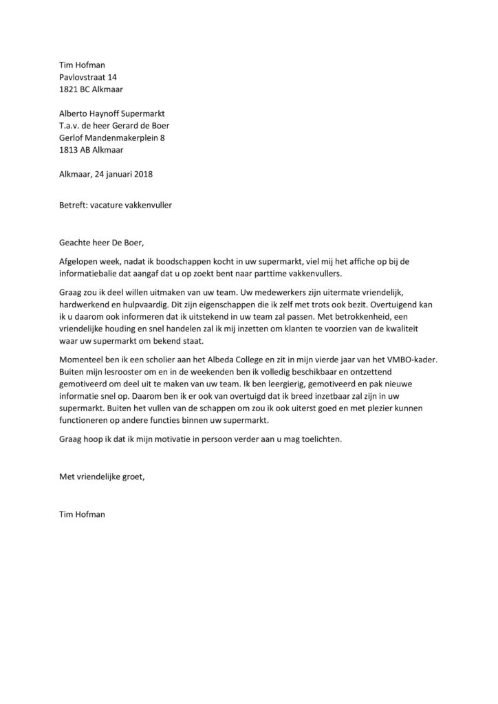 Sollicitatiebrief Vakkenvuller