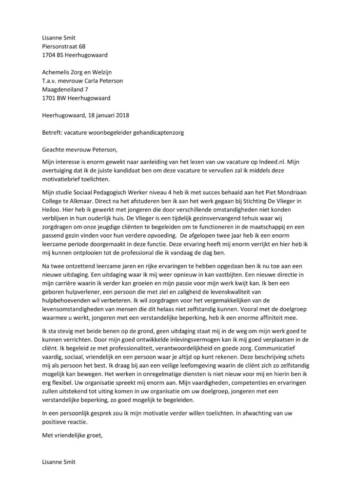 Sollicitatiebrief Woonbegeleider Gehandicaptenzorg