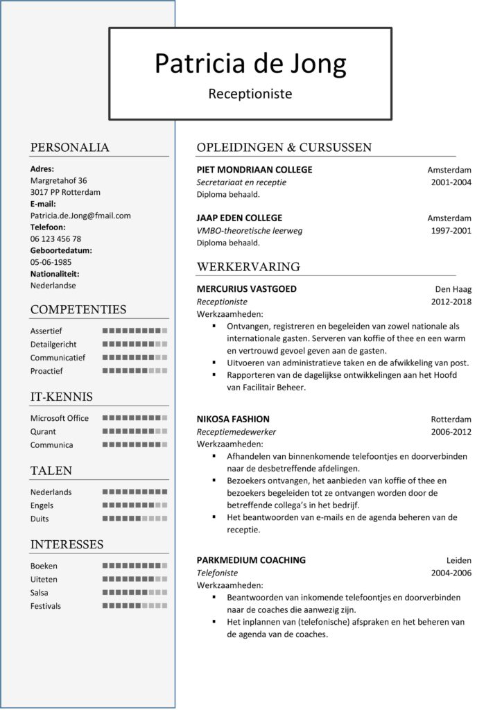 CV Sjabloon Birmingham 1-1 , cv voorbeeld receptioniste, receptiemedewerker, telefoniste