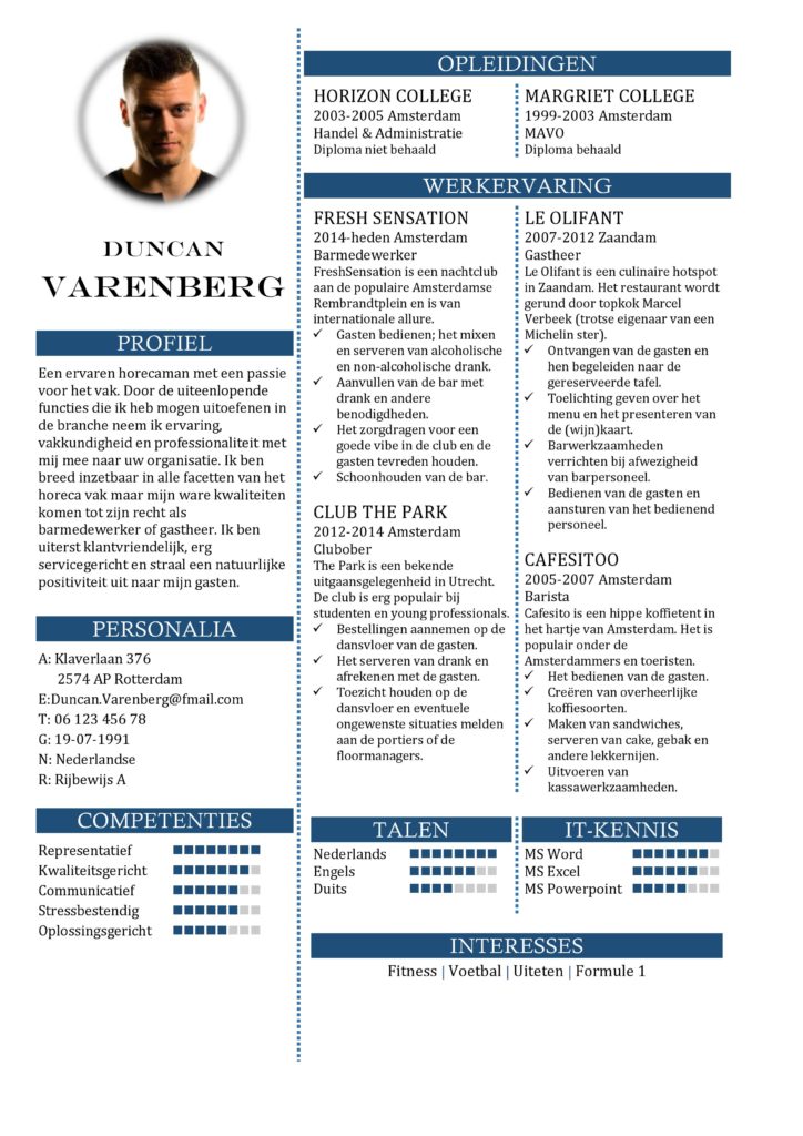 CV Sjabloon Portsmouth 1-1, voorbeeld cv barmedewerker, ober, barista, gastheer