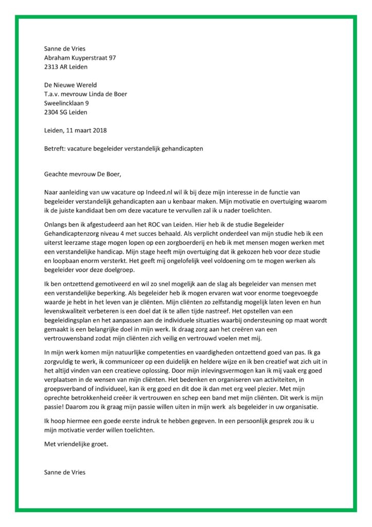 Sollicitatiebrief Begeleider Verstandelijk Gehandicapten (uitgelicht)