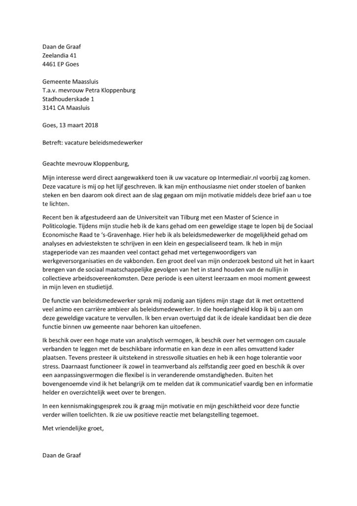 Sollicitatiebrief Beleidsmedewerker Voorbeeld