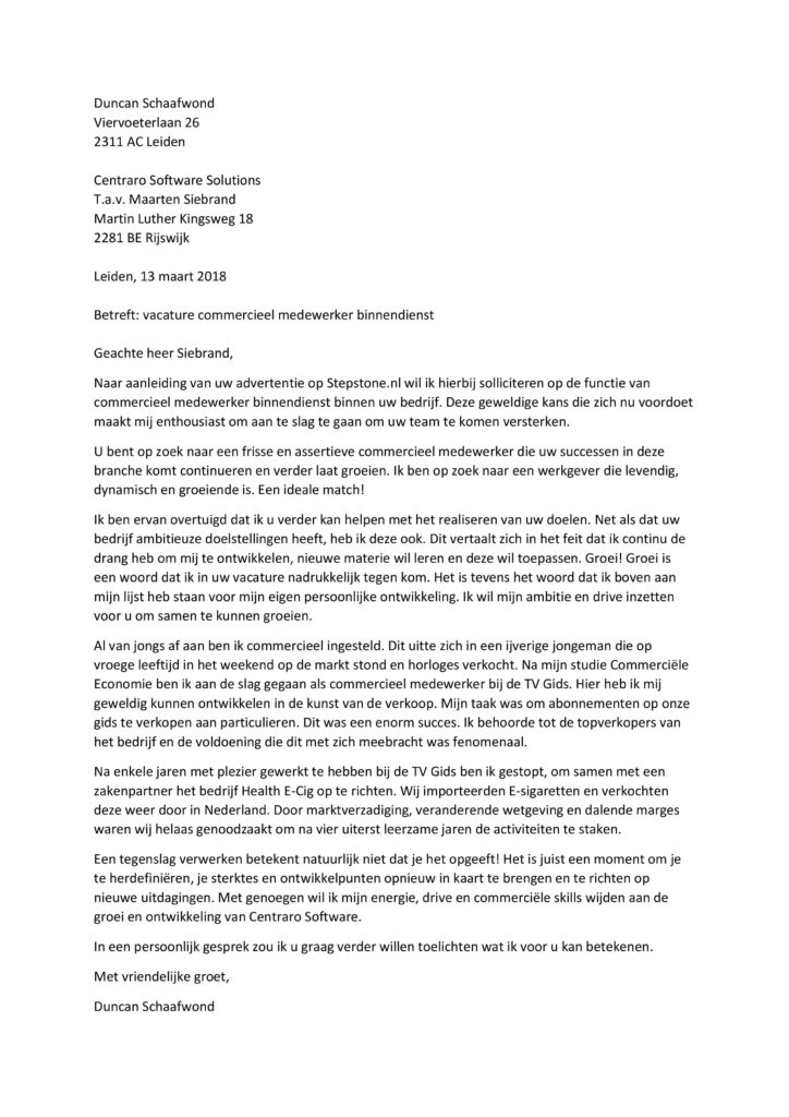 Sollicitatiebrief Commercieel Medewerker Binnendienst Voorbeeld