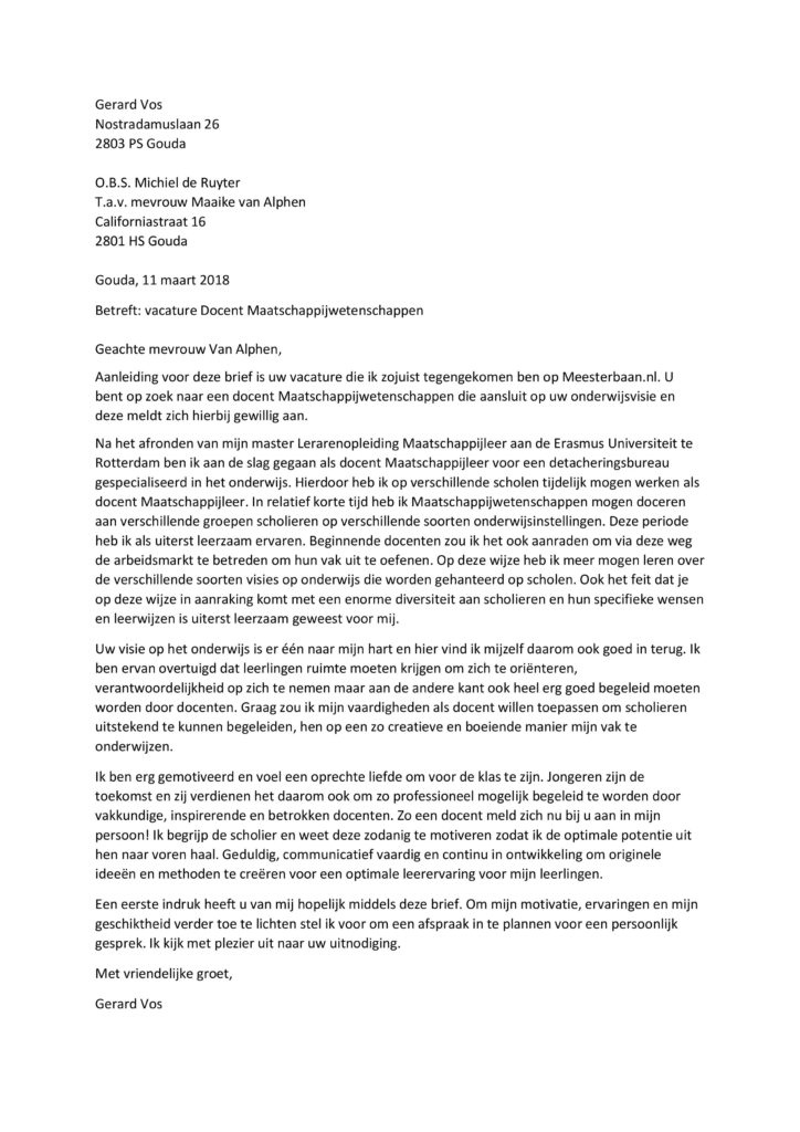 Sollicitatiebrief Docent Voorbeeld