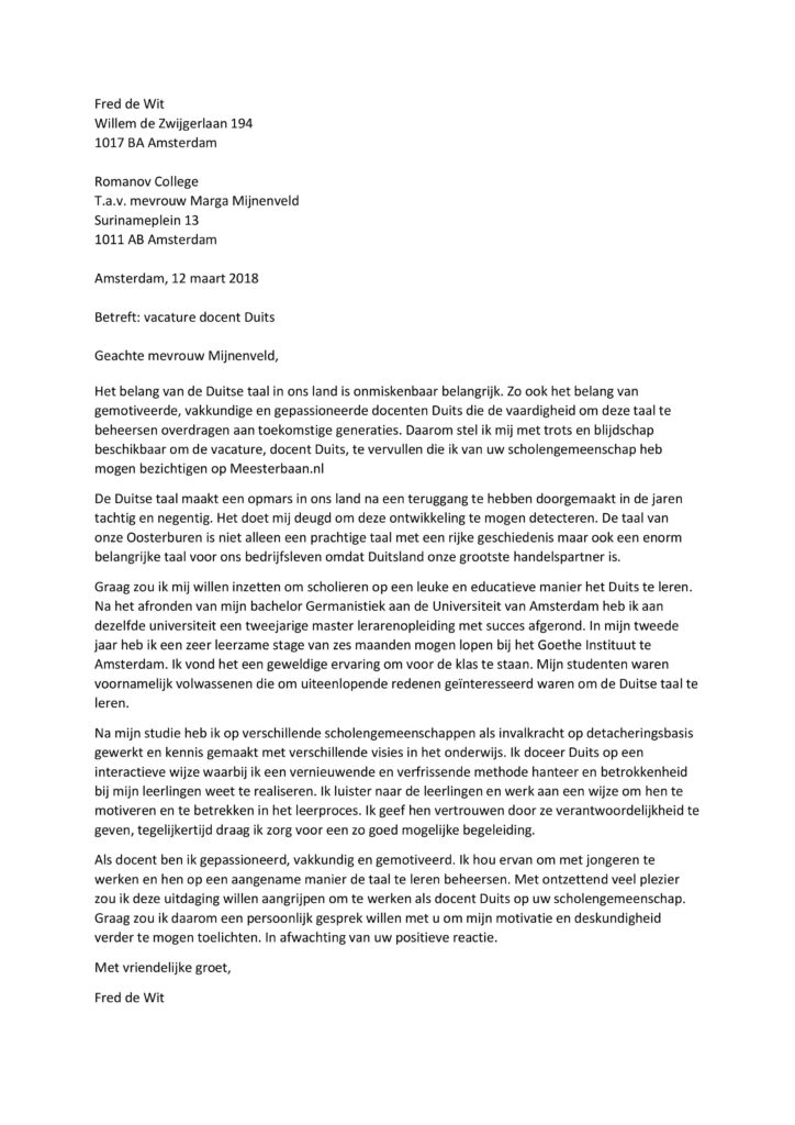 Sollicitatiebrief Docent Duits Voorbeeld